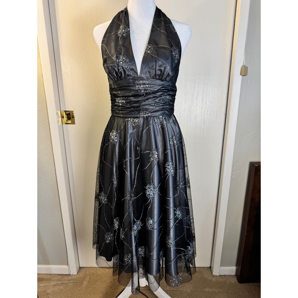 Adrianna Papell Boutique Halter Cocktail Dress Grey Black Glitter‎ Floral Size 4